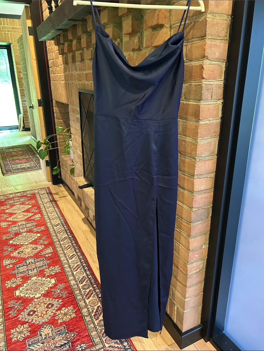 NBD Navy Cowl Neck Slip Maxi Dress with Side Slit